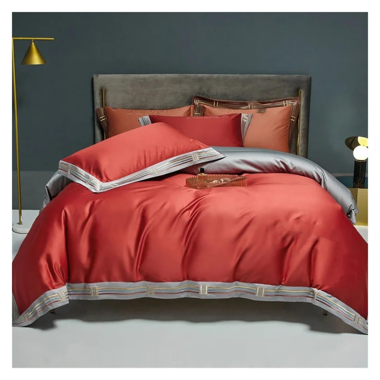 Sbcgfy Orange Luxury Bedding Set 1000Tc Cotton Duvet Cover Green Bed Cover Sheet King Bedding Queen Size Comforter Sets Comfortable Bedding, Bedspreads,-Queen
