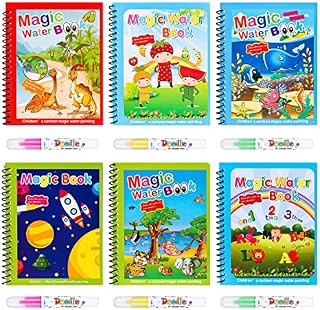ADAKEL 6 Pieces Magic Water Coloring Book Toddlers Kids Reusable Painting Animal Cartoon Coloring Book with 6 Pieces Pens for Kids Educational Toys