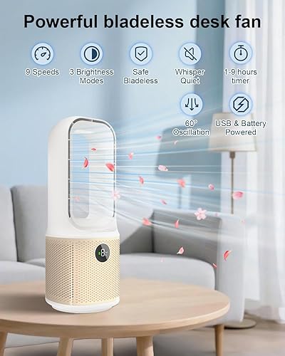 Vista 2 de Desk Fan, Small Quiet Bladeless Fan with 9 Speed Adjustment & 3 Light Modes, 14 Inch USB Rechargeable with 5000mAh Battery, 60° Oscillating Cooling