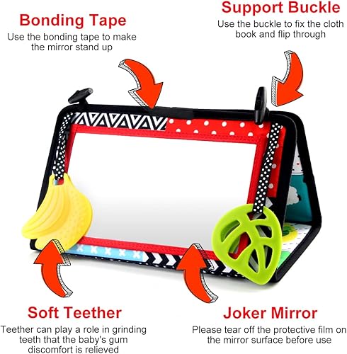 Miniatura 2 de Joyfia Espejo de suelo para el tiempo de barriga, libro de bebé de alto contraste, libro de tela arrugada suave con mordedores, juguetes de regalo