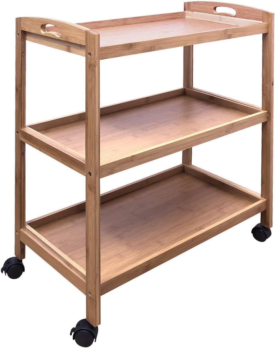 Bamboo Kitchen Storage Rolling Shelf with Wheels, 3 Tier Island Bar Cart, Microwave Oven Serving Organizer for Home, Dining Room, Laundry Room with Lockable Castors