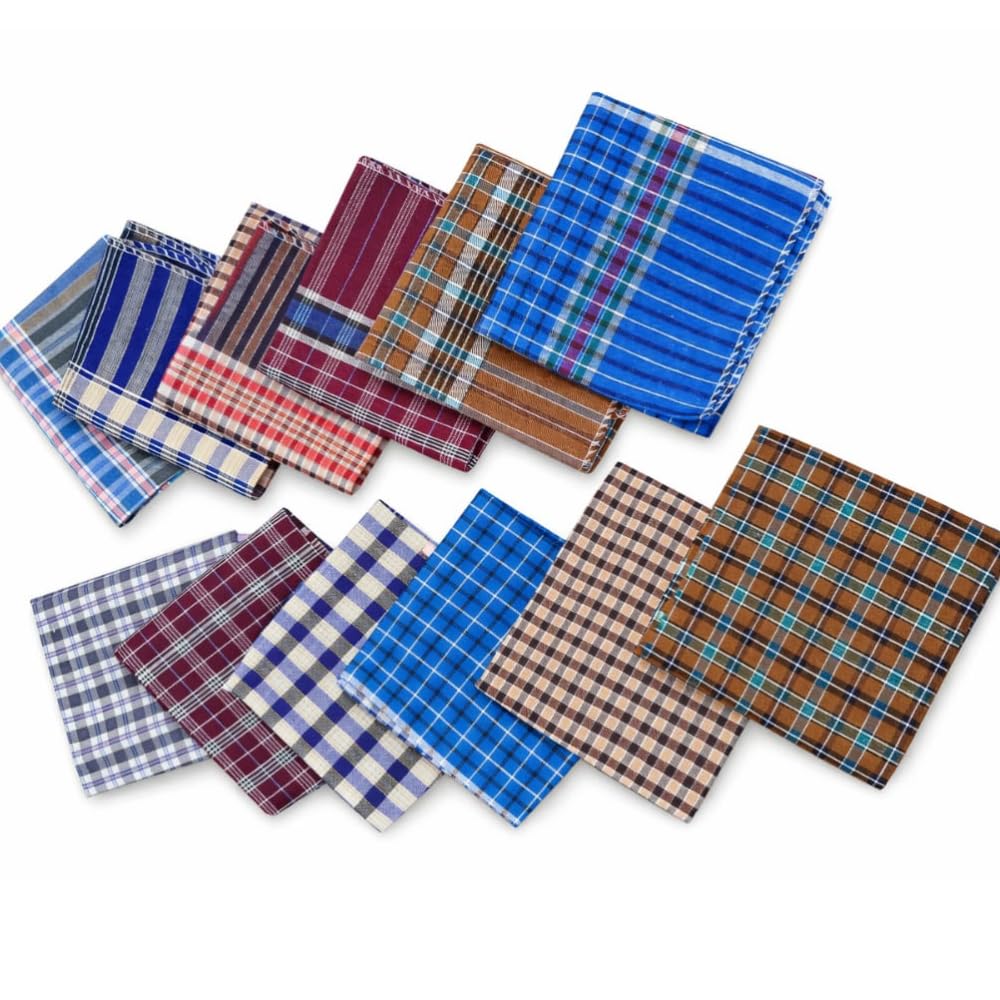 Cotton Handkerchief 18x18 Inches for Men Women Kids | Checked Cotton Hanky Rumal | Soft Absorbent Pocket Handkerchief Kerchief Pack Of 12-picture-12