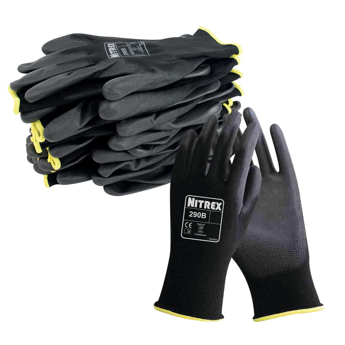 290B Work and Safety Gloves - 10 Pairs - General Handling Gloves with PU Palm Coating, Abrasions and Tearing Protection, Maximum Grip, Mechanical and Industrial Protection, Size 8