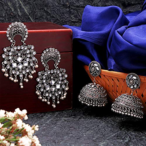 Image of Yellow Chimes Earrings for Women and Girls Traditional Silver Oxidised Jhumka German Silver Earring Set Dome Shaped Dangler Jhumki Earrings Combo | Birthday Gift For Girls and Women