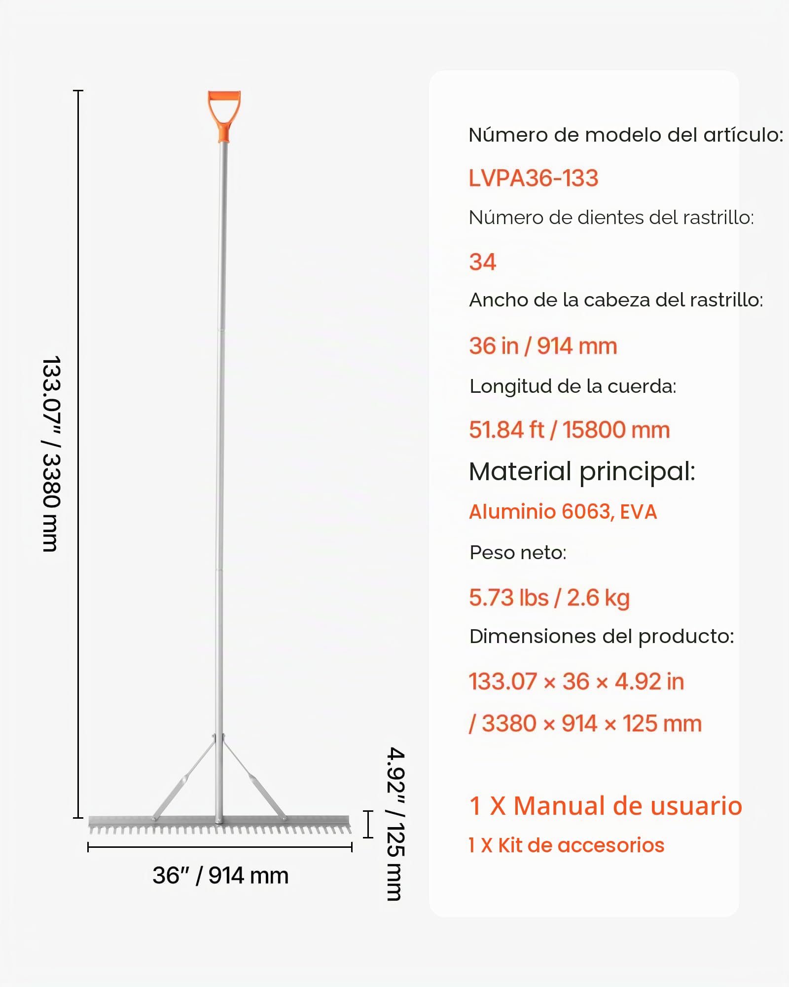 VEVOR Rastrillo de Aluminio, Cabezal de 914 mm, para Maleza y Paisajismo, para Aflojar la Tierra, Jardín y Patio, Grava de Estanques y Cuidado del Césped de Playa, con Cuerda, 3380 x 914 x 125 mm
