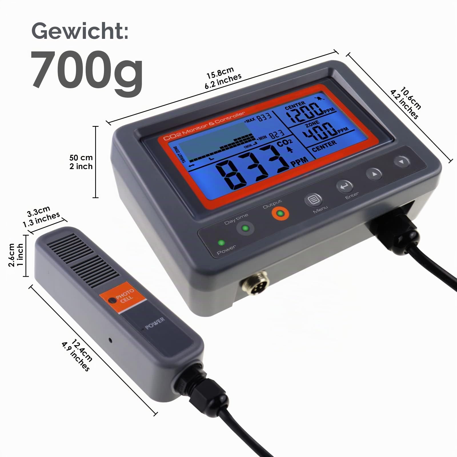 CO2-Controller Kohlendioxid-Controller CO2 Meter Monitor mit Relais-Funktion 4,5m Kabel NDIR Kohlendioxid-Sensor-Sonde für Grow-Raum, Pflanze, Grow-Zelt, Gewächshaus, Garten, Indoor