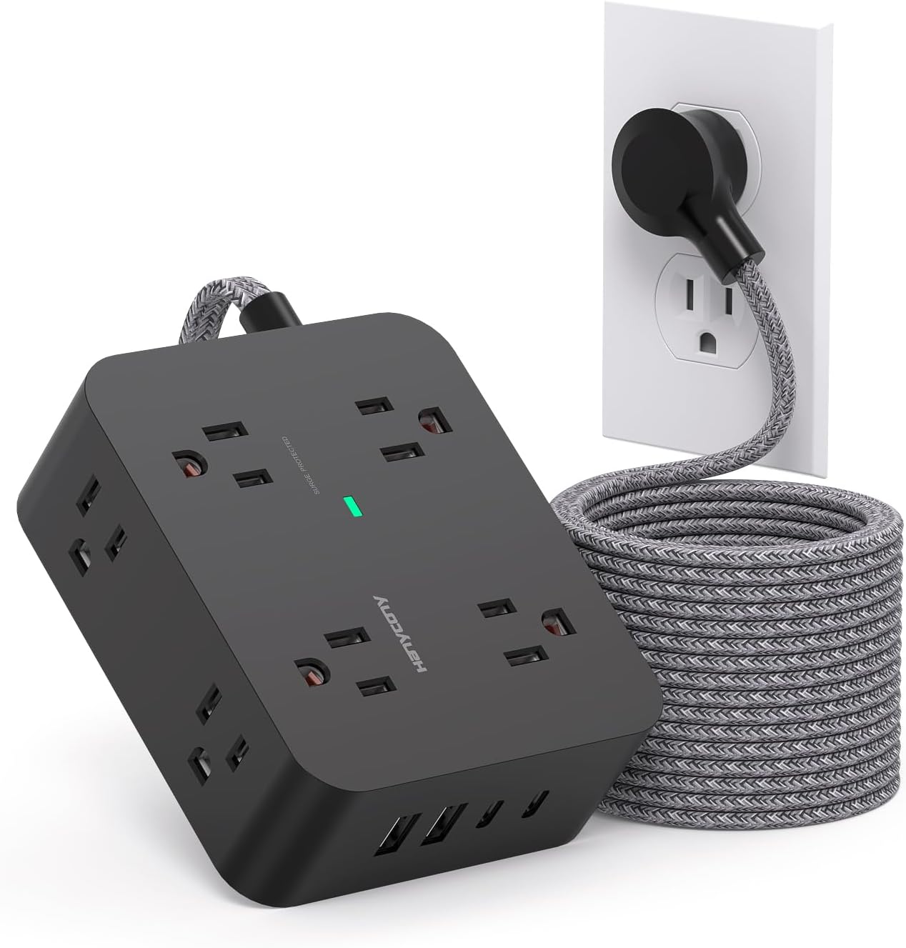 25ft Extension Cord, Surge Protector with 8 Outlets, 4 USB Ports (2 USB C), Long Cord, Wall Mounted, Computer USB Charging Station for Home, Office,