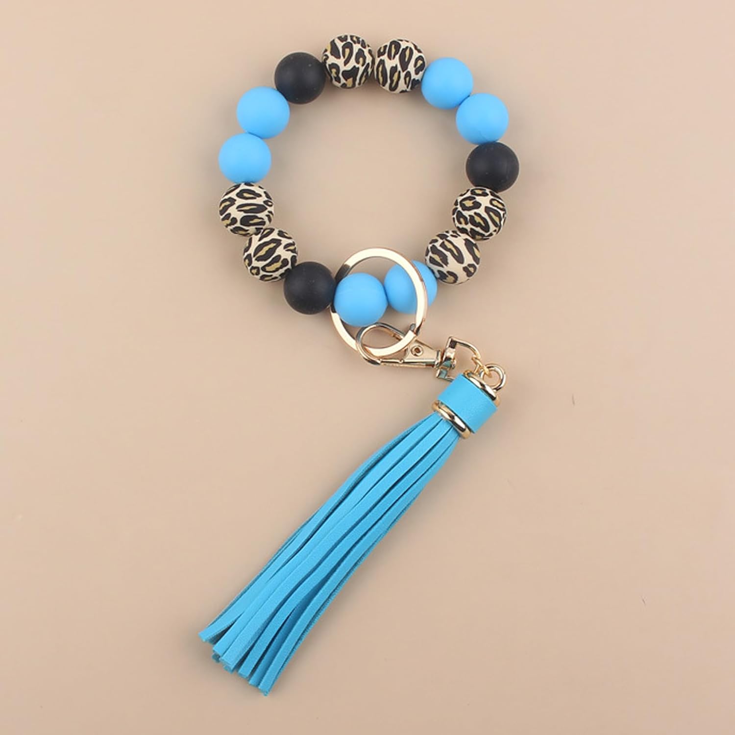Leopard Silicone Beaded Wristlet Keychain, PU Tassel Bracelet Bangle Beads Car Keyring for Women,Wrist Key Chains - Image 8