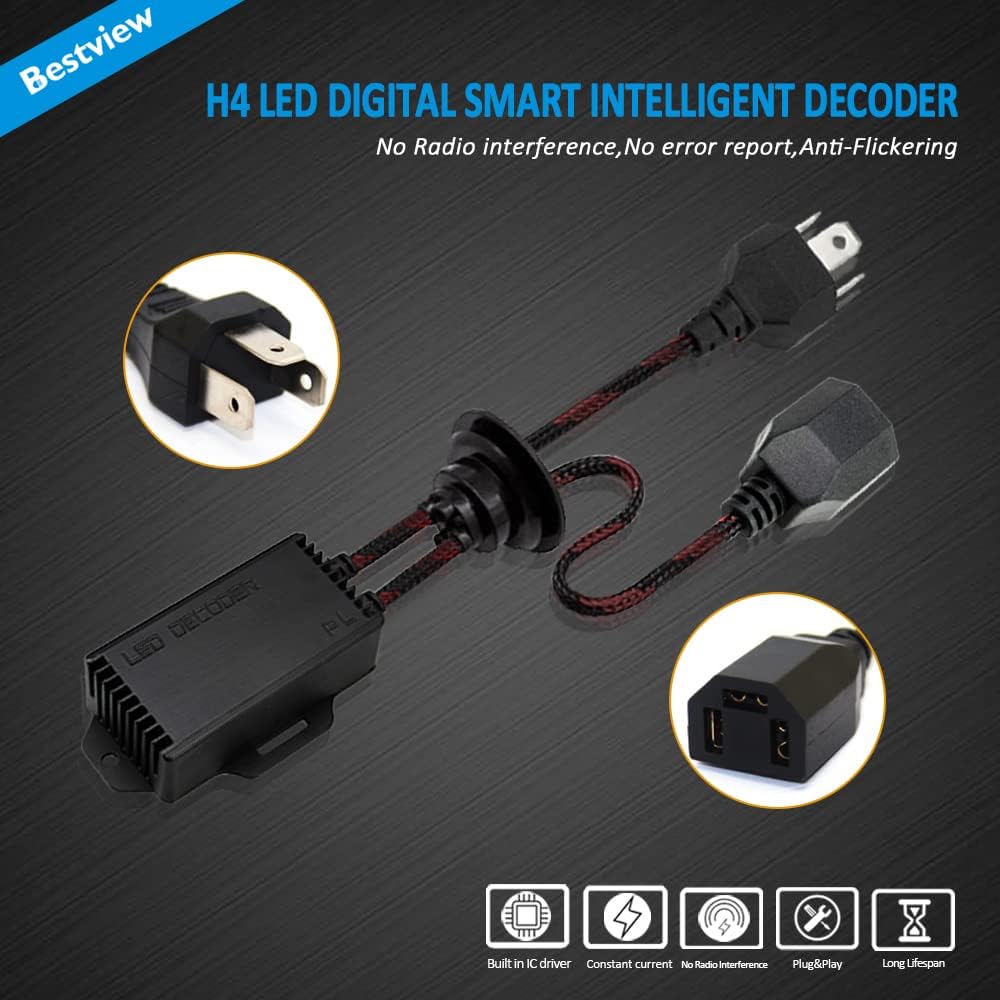 H4 9003 LED Canbus Decoder: 2PCS H4 9003 Anti Flicker Harness/Load Resistor with Waterproof Rubber Ring for Led Headlight Bulb, Canbus Decoders Error Free, LED Warning Canceller Resistor Adapter