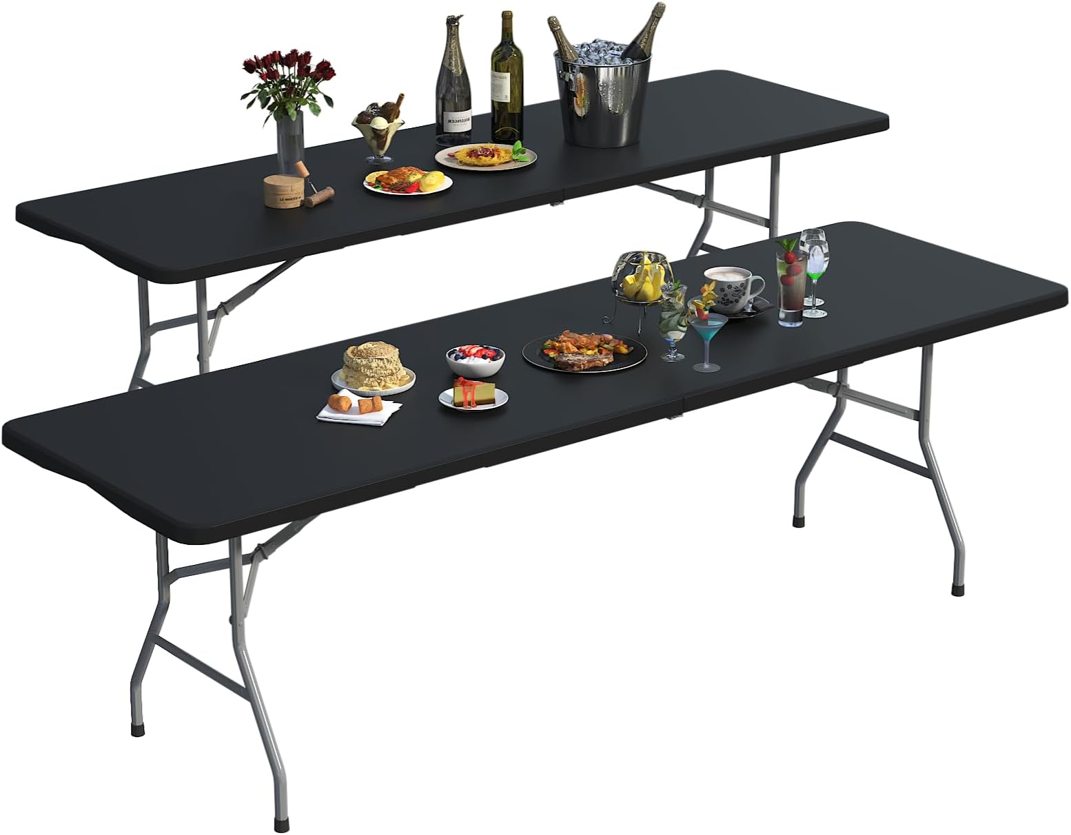 2 Pack Foldable Table 8ft, Plastic Folding Table, Portable Heavy Duty Dining Tables with Lock Function & Carrying Handle, Outdoor Indoor Foldable White Tables for Camping Party Picnic, Black