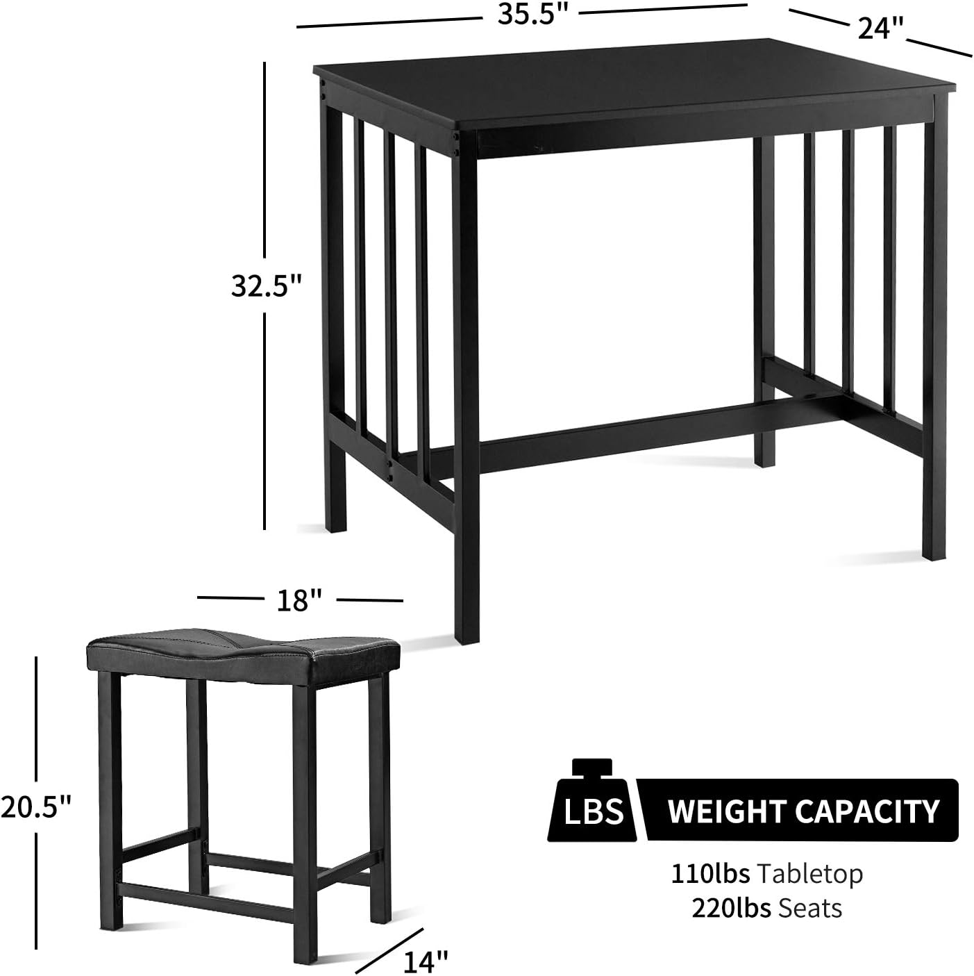 Giantex 3 Piece Dining Set, Counter Height Table Set with Black Frosted Tabletop and Metal Frame for Kitchen, Bar or Apartment w/ 2 Faux Leather Backless Stools, Compact, Space-Saving Design