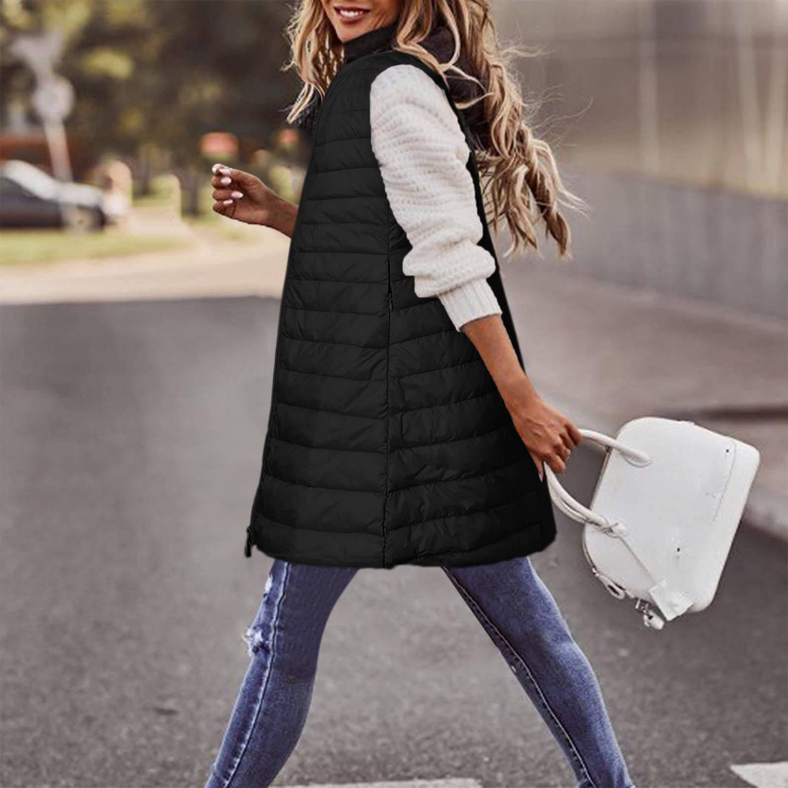 Generisch Chaqueta de invierno para mujer, chaleco de plumón, largo invierno, fino, ligero, abrigo de plumón, abrigo de plumas informal, chaqueta acolchada para exteriores, abrigo de invierno con