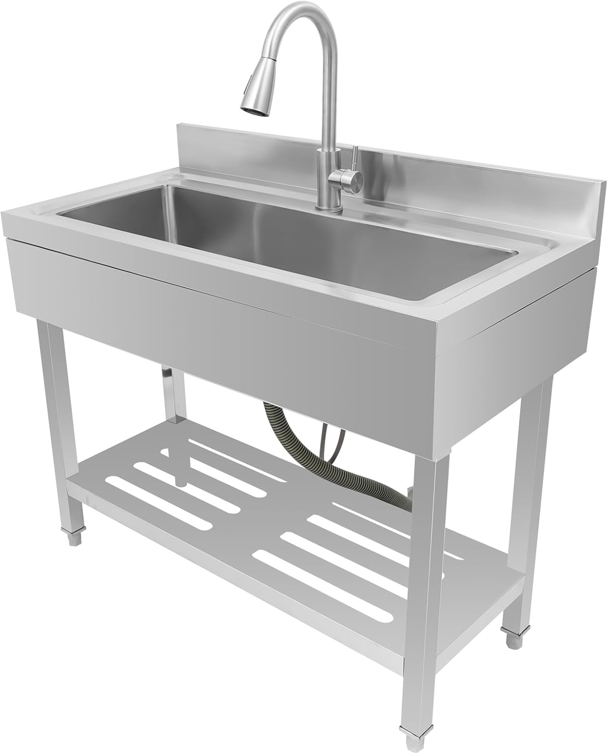 Stainless Steel Utility Sink, Freestanding Single Bowl Laundry Sink, Large Sink w/ 360° Pull-Out Faucet, Adjustable Feet & Storage Shelf for Kitchen Farmhouse Indoor Outdoor (39" x 20" x 31.5")