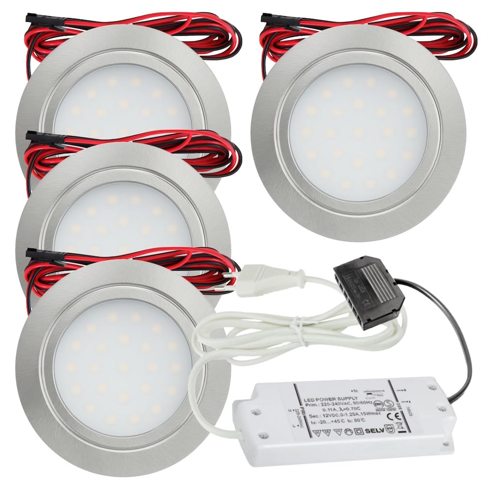 4er Set LED Möbel Einbaustrahler 12V ultra flach 2.4W Einbauleuchten Mila 160lm mit LED Trafo und 230V Zuleitung 3000K Warmweiß Lochausschnitt: 58 bis 60mm Silber Plug and Play Spots