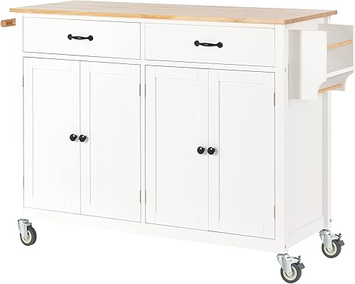 Miniatura 6 de Isla de cocina rodante de 54.3 pulgadas con encimera de madera de goma, carrito de isla de cocina con armario de almacenamiento y dos cajones, isla