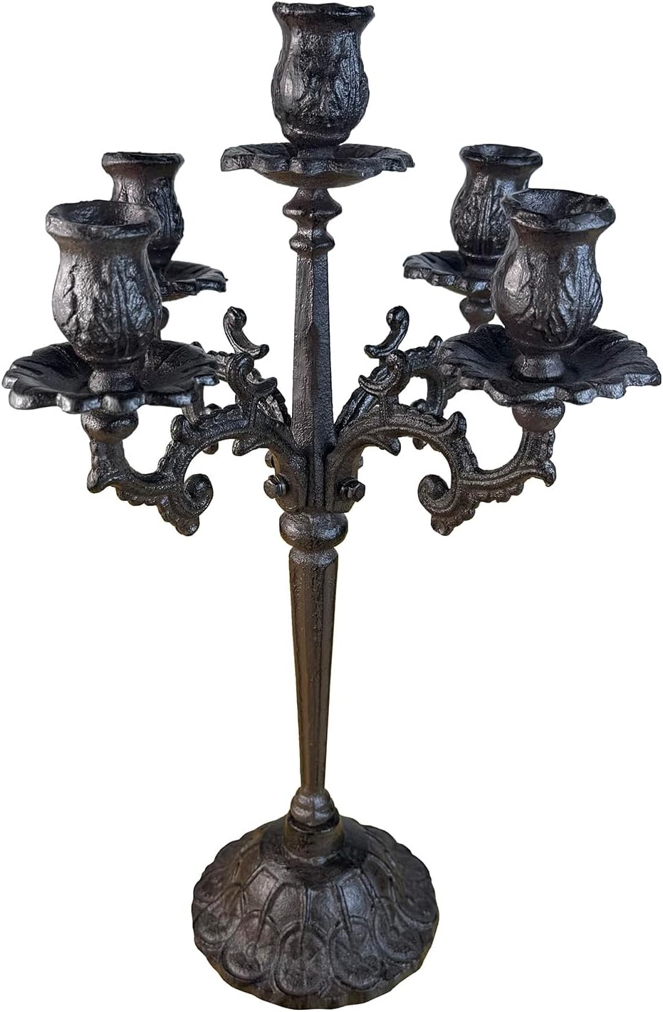 Antique Rust Brown Cast Iron Candelabra (17" Tall) - 5-Arm Vintage Floral Candle Holder, Decorative Rustic Centerpiece for Christmas, Dining, Holiday Decor HC1645