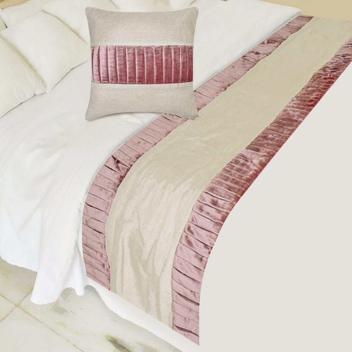 The HomeCentric King/Queen/Twin Purple Luxury Twin 133x45 cm Bed Runner WITHOUT Cushion Cover, Patchwork, Pintucks Bed Scarf on Velvet & Linen fabric - Layer By Layer — image 1