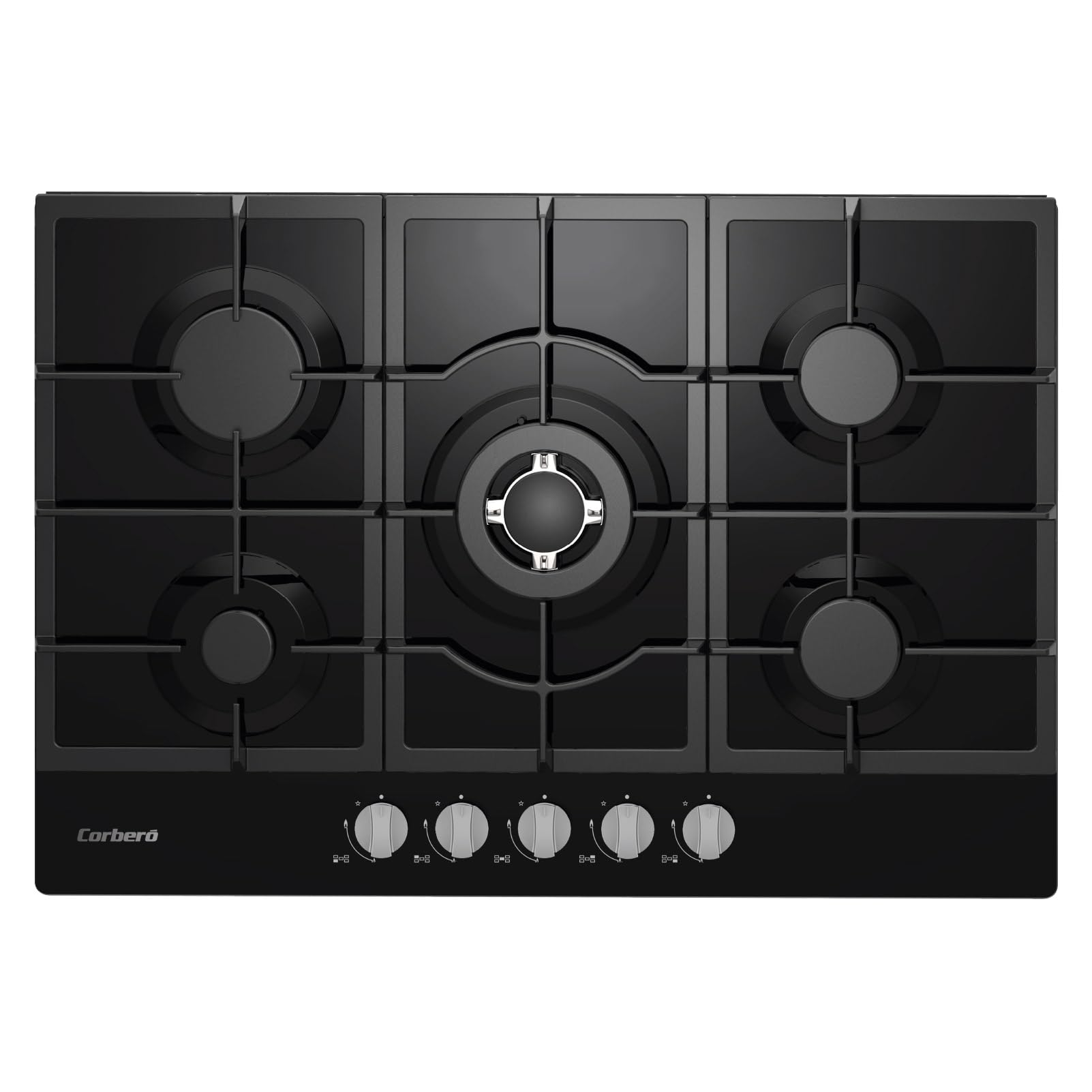 Corberó - Placa Gas Cristal LUX 75cm | CPCGM5F5026N | 8.5kW| 5 Zonas | Zona Wok | Autoencendido | Capa Protección Clean+ | Desconexión automática | Negro