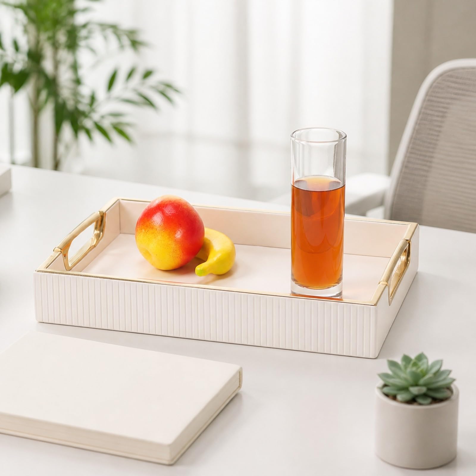 Banja PU con Base Plana Portátil Banja con Metálicas Brillan Organizador perficie Bor Dorado para Dormitorio, Raya Blanca S