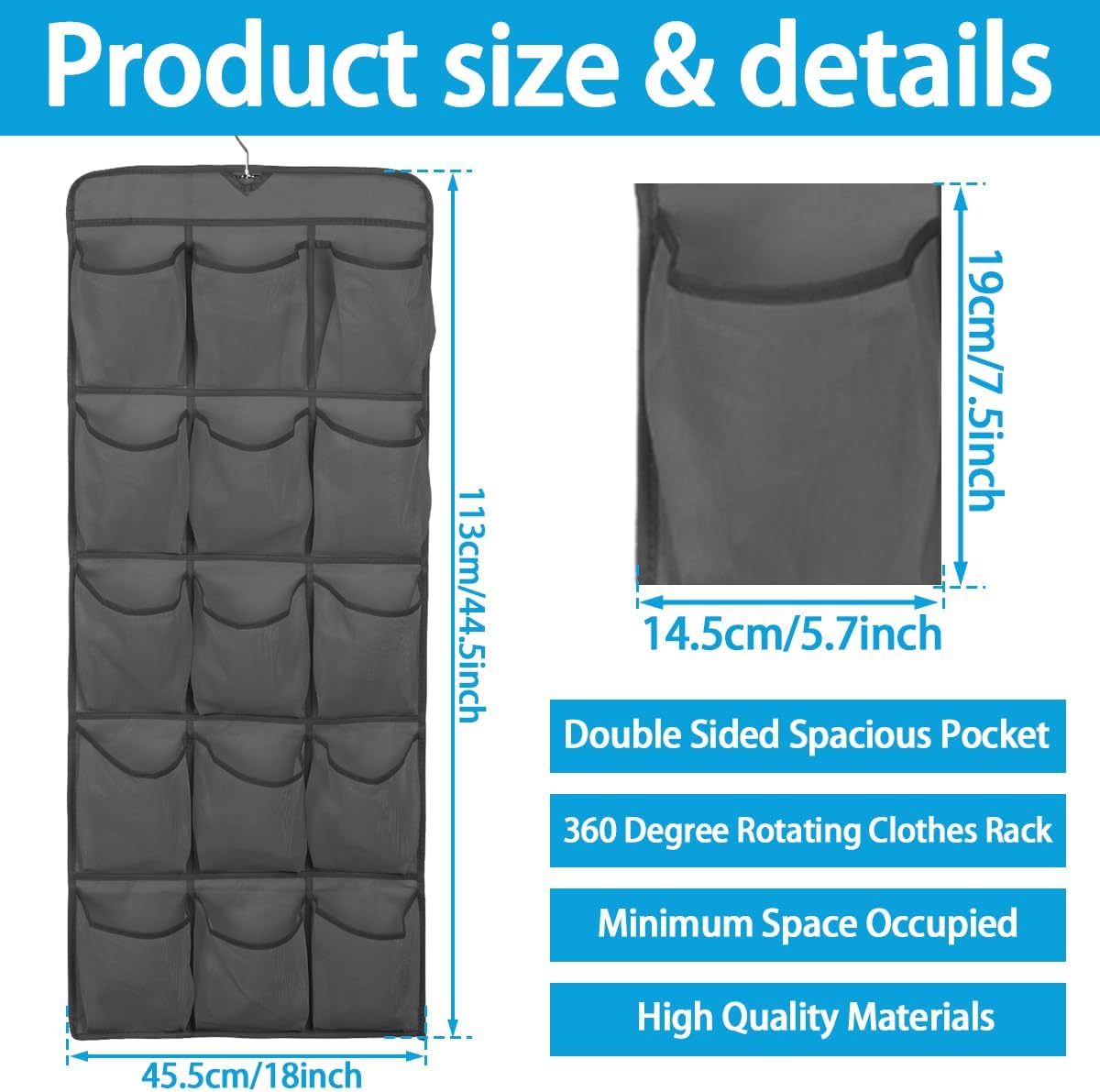 3Pcs 30 Large Pockets Dual Sided Hanging Shoe Organizer Double-Side Closet Storage Shelves with Rotating Hanger Space Saving Storage Bag Portable Shoe Rack Holder for Bedroom Laundry Room,Black