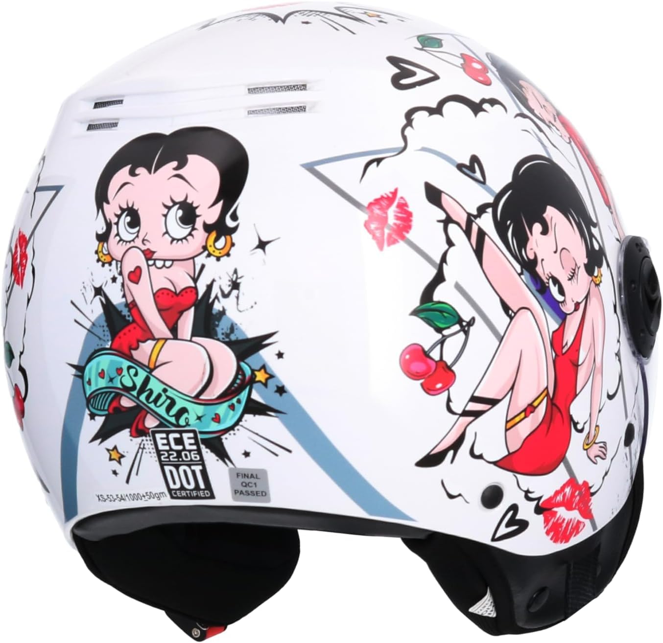 Casco Jet Shiro SH-62 La Betty II – Diseño Exclusivo Betty Boop, Negro Brillante, Visera Abatible, Homologado ECE, Estilo Retro y Urbano para Moto y Scooter Blanco Brillo (M 57/58)