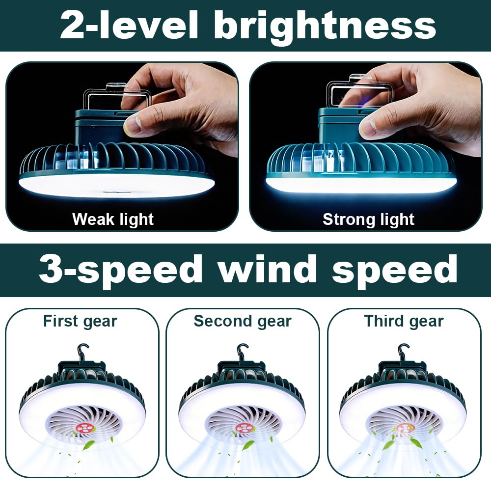 LED Campinglampe mit Ventilator, AVCXEC Camping Ventilator mit Licht, Camping Lampe mit Ventilator, Camping Licht mit USB Aufladbar, Zeltlampe Zum Aufhängen mit Hanging Haken für Campe, Angeln