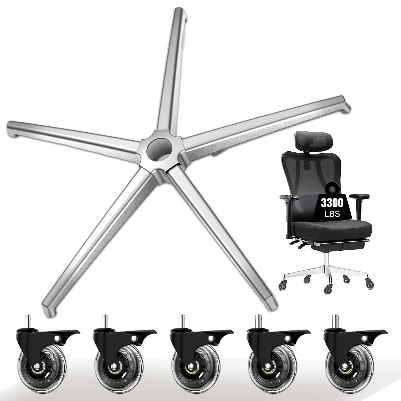 Repuesto de base de silla de oficina (3300 libras) – Reemplazo de base de silla de oficina de aleación resistente, patas de metal reforzadas para silla de oficina, cilindro de gas universal y