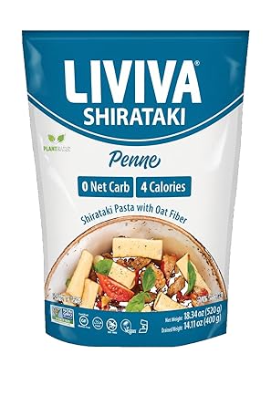 LIVIVA Shirataki Konjac Penne 6 Pk - 110 oz Diabetic-Friendly Low Carb, Low Calorie Pasta Noodles Ready to Serve No Odor, Certified Non-GMO, Gluten Free, Vegan, Plant-Based, Keto, Kosher, Halal