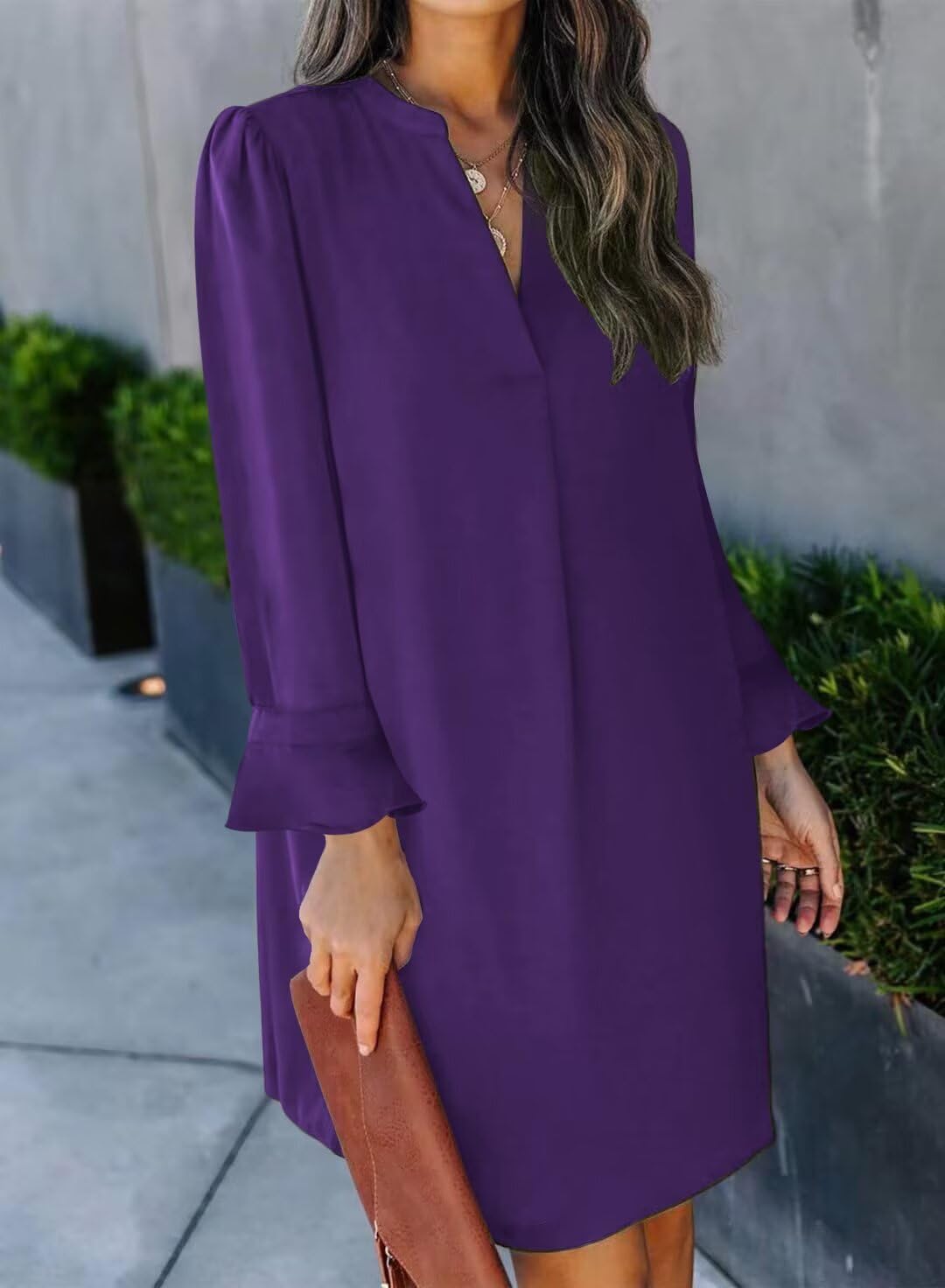 Wkior Long Sleeve Dress for Women V Neck Casual Cute Loose Flowy Swing Shift Dresses(S-2XL) - Image 3