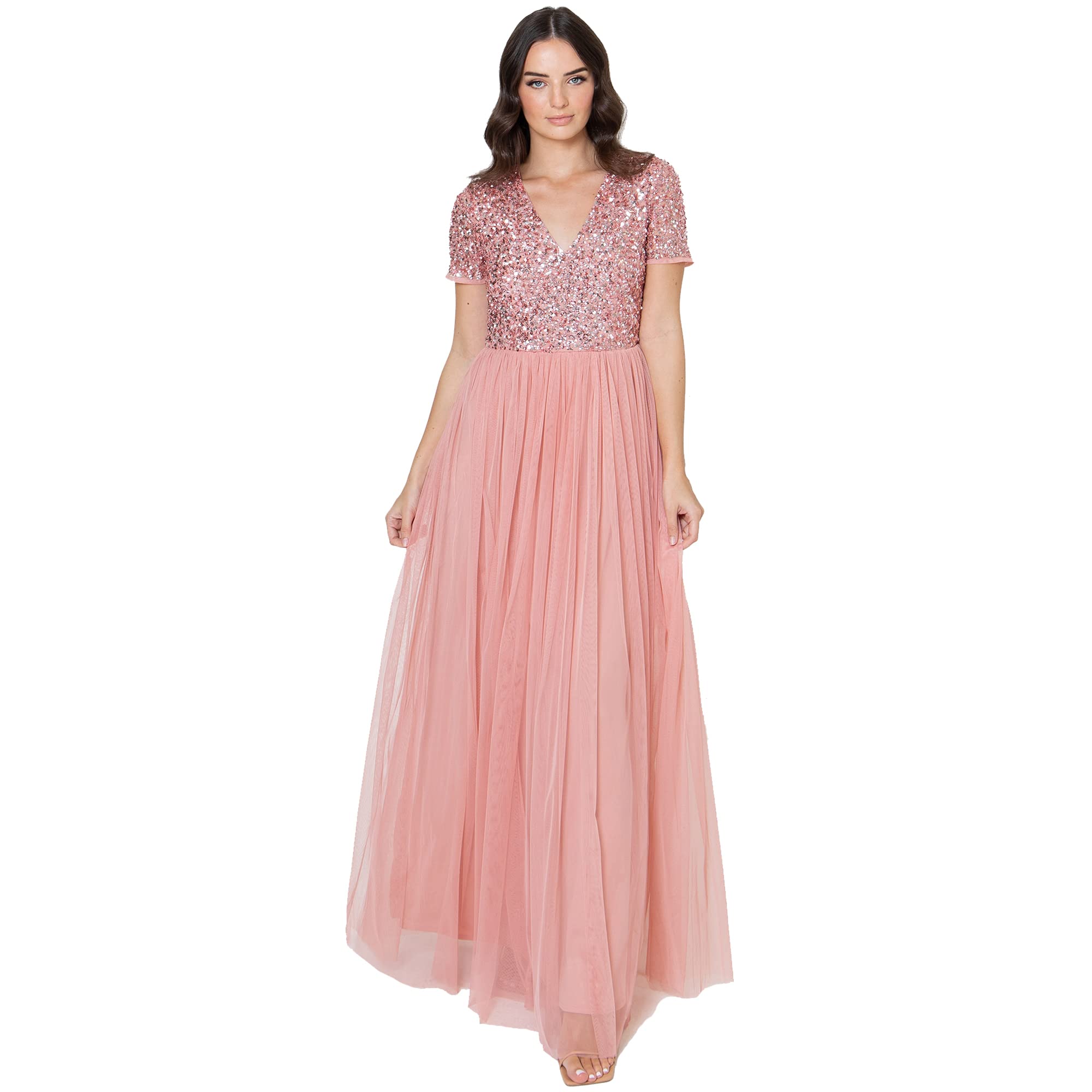 Maya Deluxe Women's Blossom Dress For Wedding Guest Plus Size Empire High Waist Sequins Short Sleeve Evening Bridesmaid, 18