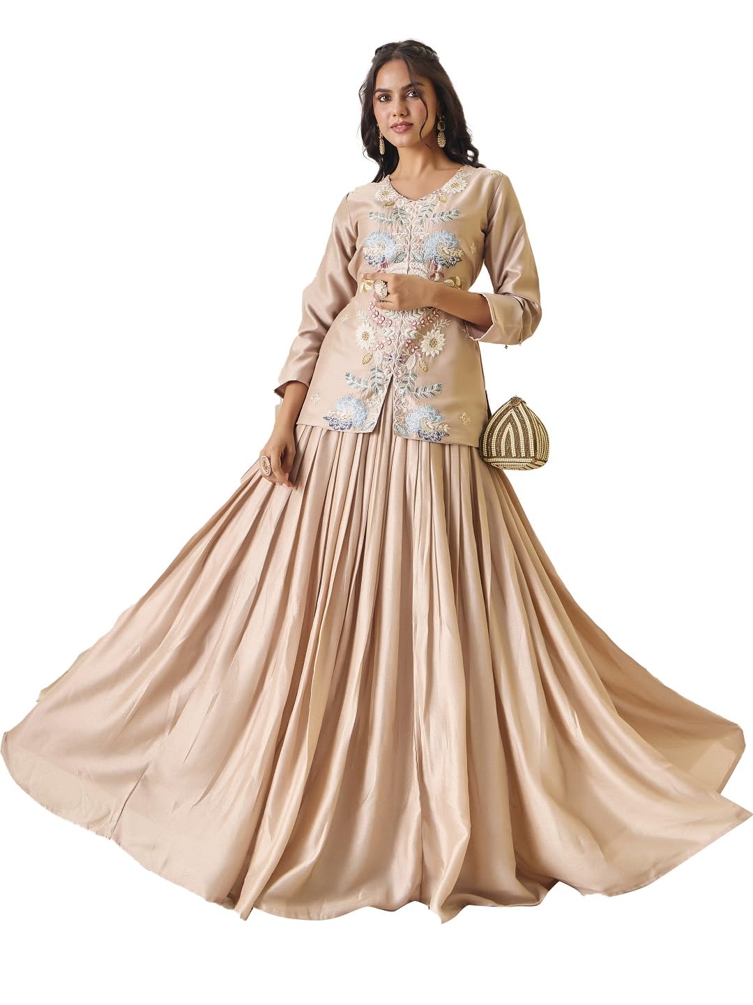 madhuram textiles Women'S Vichitra Top Skirt Set for Women V-Neck Embroidered Ethnic Wear Dress(M-2561 Ivory)-picture-12