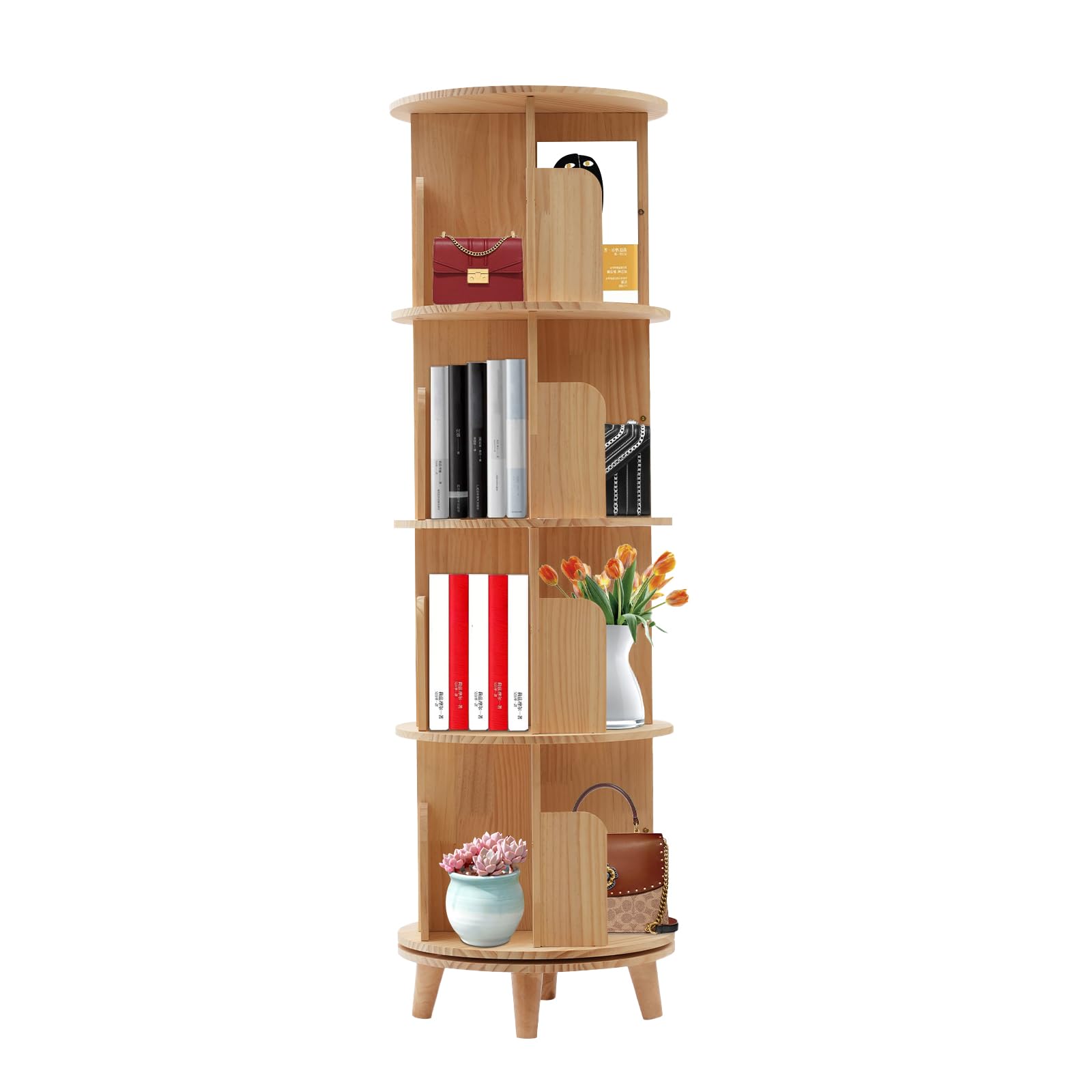Libreria girevole a 4 livelli, scaffale a 360 gradi, libreria angolare in legno, per biblioteca, camera da letto, soggiorno, libreria multifunzionale, in legno massiccio