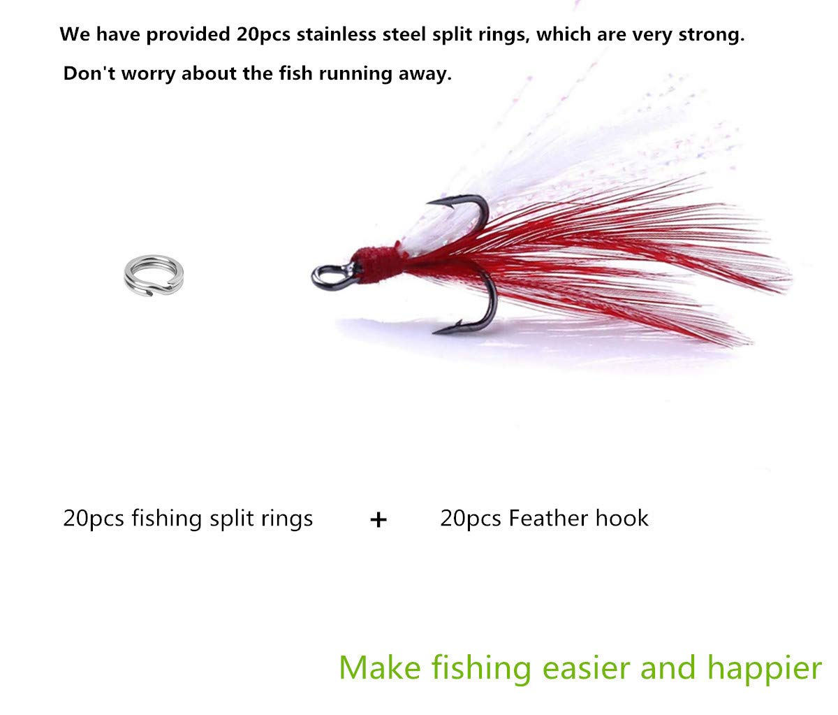 Fishing Treble Hooks Feather Dressed: 20pcs/Box Red Feathered Treble Hook Size 2 with Split Rings Replacement for Fishing Lure Spinner Spoon Crankbait Making