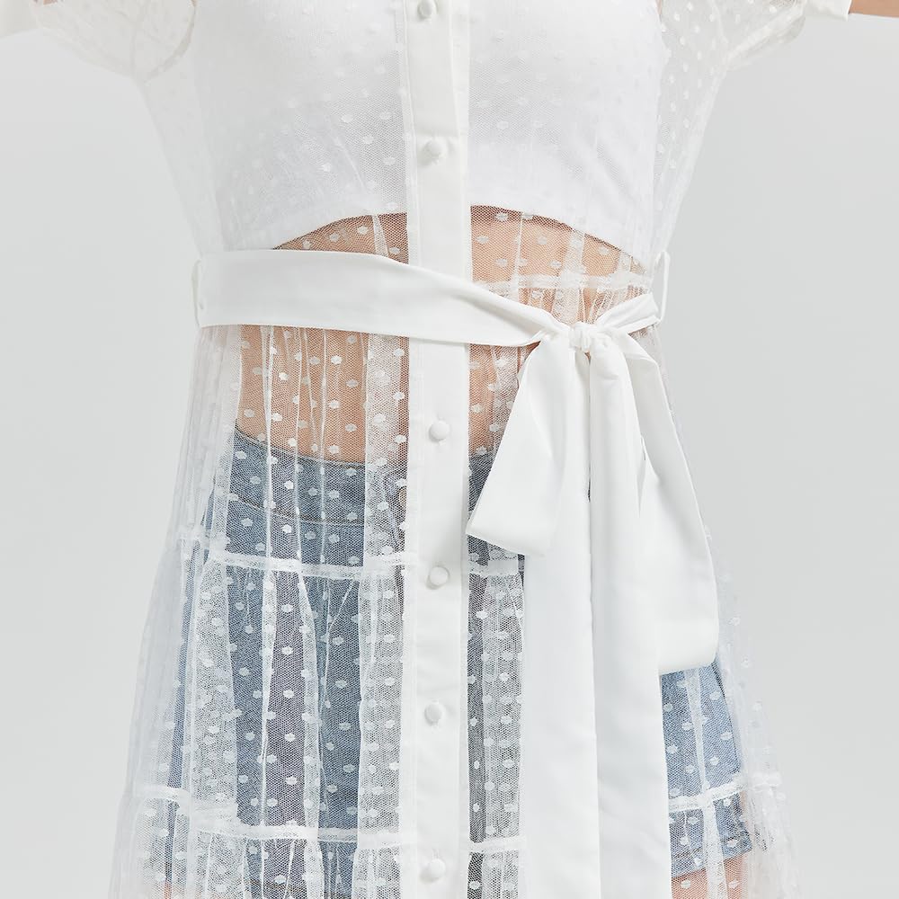Women Sheer Mesh Button Down Shirt Dress with Waist Belt Summer Beach See Through Bikini Cover Up Swimwear - Image 9