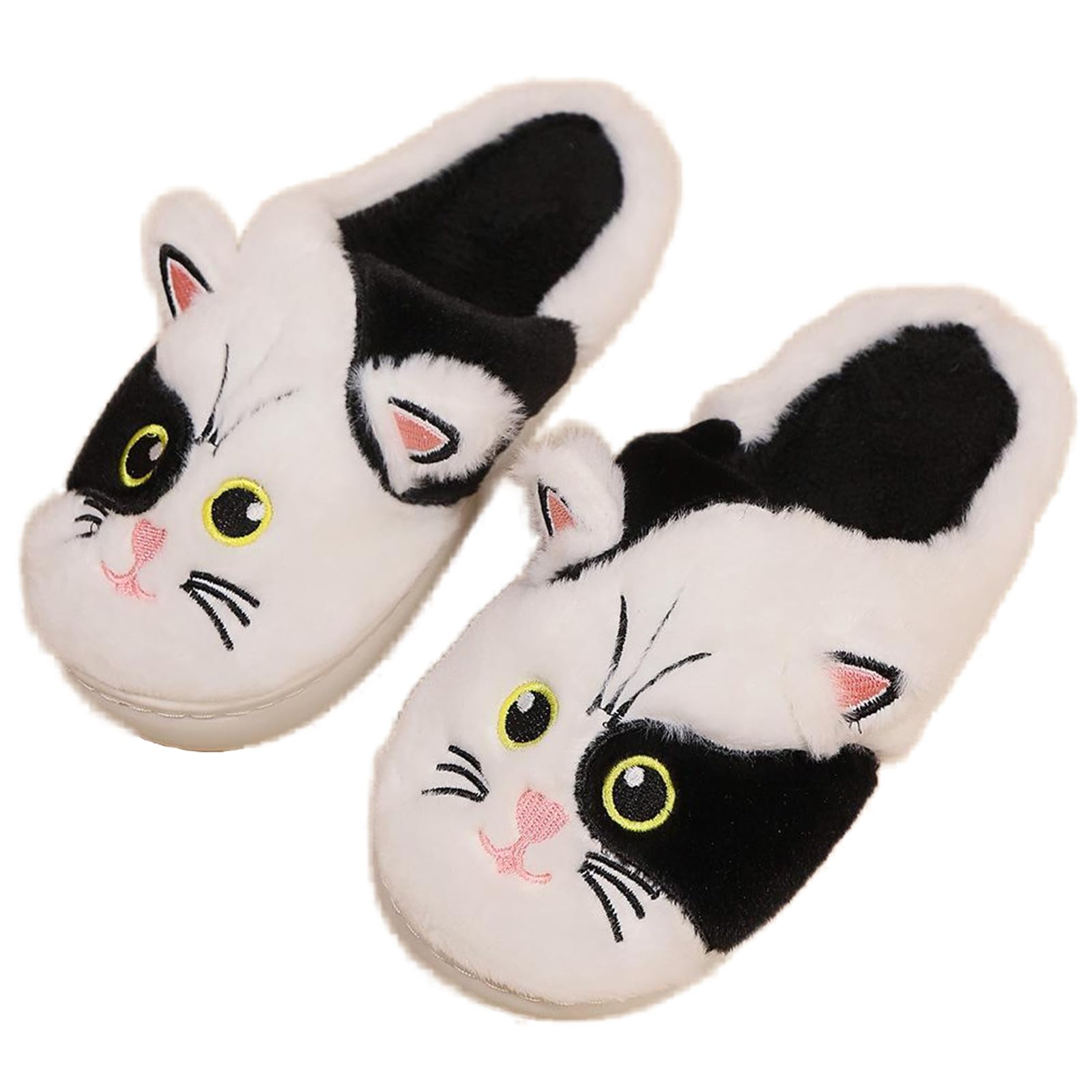 LAVAU Cute Cat Slippers for Women, Fuzzy Fluffy Faux Fur Animal House Slides for Indoor and Outdoor Shoes 9-10 Black/White