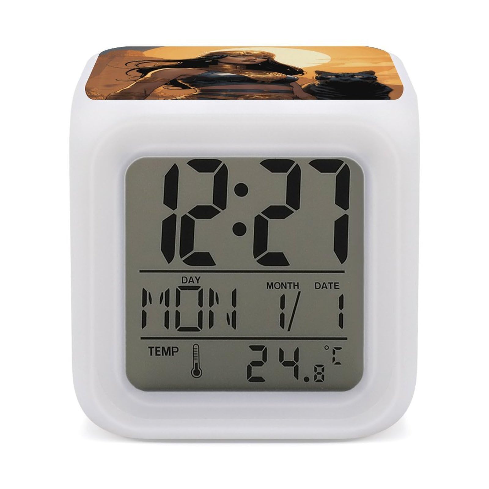 VstaDank an Ancient Princess Alarm Clock with 7 Color Changing Night Light Date Temp Display Wake Clocks LED Display Digital Clock Electric Desk Clocks for Living Office Bedroom Decor