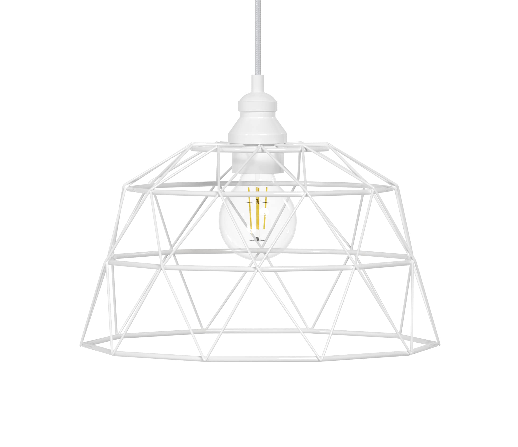 Retro Industrial Cage Pendant Adjustable Hanging Light, ETL Listed, 1-Light, White Iron Metal Shade with Matching Cord and Canopy, for Foyer Dining Room Kitchen Island Bedroom