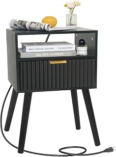 Black Nightstand with Charging Station, Mid Cetury Modern Nightstand with Drawers, Fluted End Side Table with Solid Wood for Bedroom, Dorm and Small Space (Black)