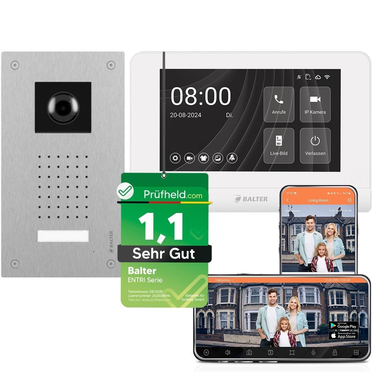 Balter ENTRI L Video Doorbell Unterputz Türklingel mit Kamera und 1x 7 Zoll Touchscreen HD WLAN Monitor, kabelgebunden Türsprechanlage mit Interkom WiFi Mobile App für 1 Familienhaus Set