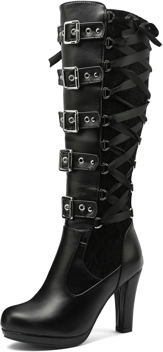 Lace Punk Knee High Boots for Women Back Zipper High-Heeled Combat Boots Buckle Block Heel Lace-up Black Goth Boots