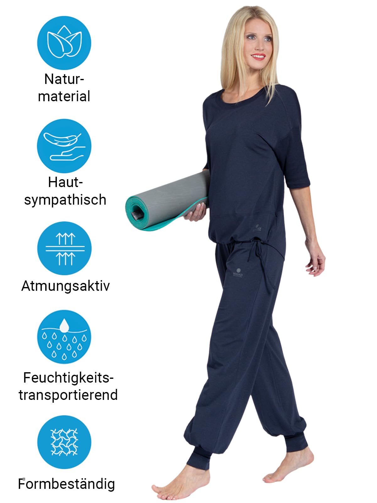 Magadi Maglietta da yoga Sara Aqua da donna in cotone biologico, da donna, top sportivo per yoga, pilates, palestra, sostenibile ed equo, blu navy, XS - XL