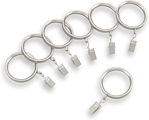 MODE Premium Collection Flat Steel Curtain Clip Rings, Set of 14 Curtain Rings with Clips, Rings with Clips for Curtains, Fits MODE Premium and Acrylic Curtain Rods, 1 5/8”, Brushed Nickel