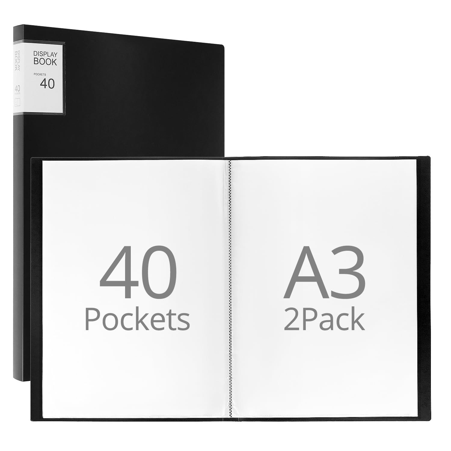 QWORK® 2-pak segregatorów A3 z 40 kieszeniami – eleganckie czarne portfolio do dzieł sztuki, raportów i nie tylko