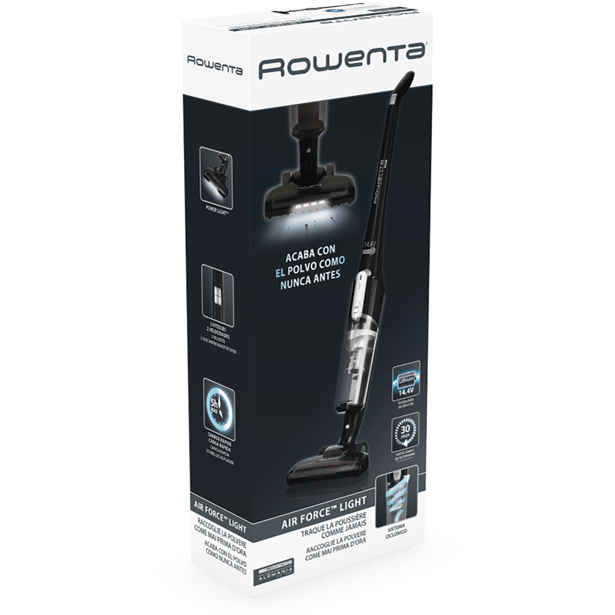 Rowenta Air Force Light Scopa Elettrica Senza Filo, 0.65 Litri, 80 Decibel, 2 velocità, Luci LED, Ultraleggera, Tecnologia CiclonicaNero, RH6545