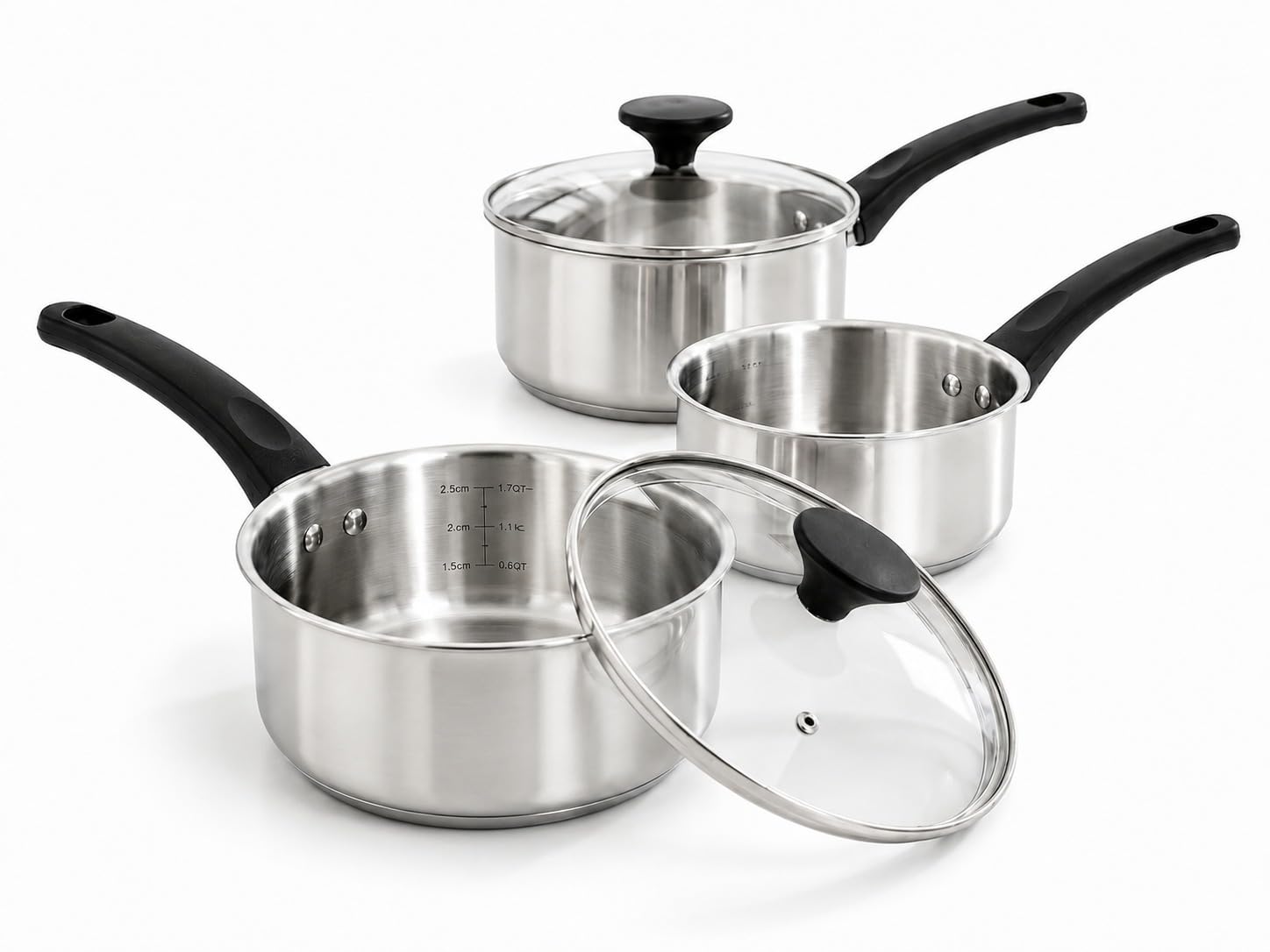 3 Piece Saucepan Set - 14cm 16cm & 18cm Sauce Pot Set Induction, Gas Electric Hobs Pan Stainless Steel Sauce Pans