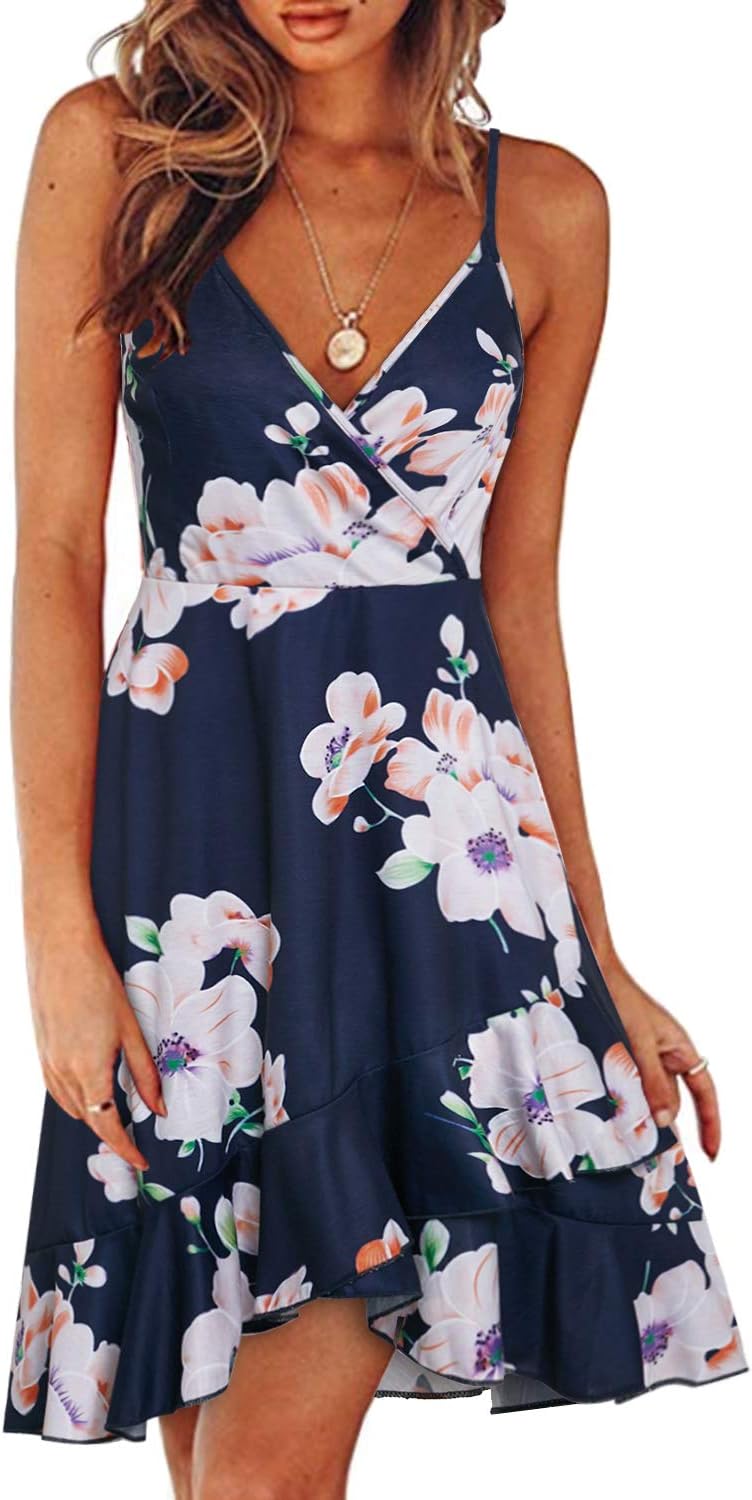 Womens Summer Floral Wrap V Neck Adjustable Spaghetti Casual Ruffle Dress