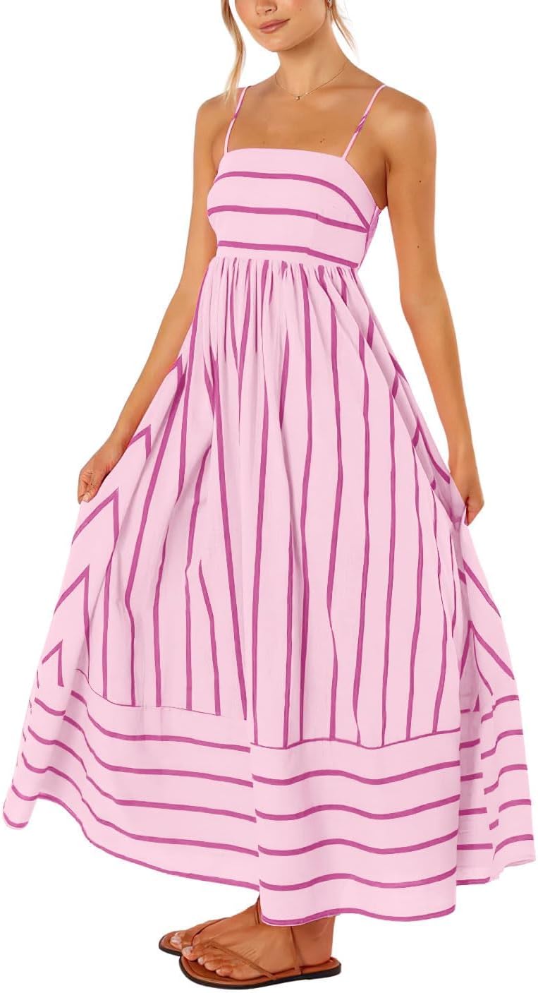 utcoco Womens Summer Striped Back Smocked Maxi Sundresses Spaghetti Strap Cut Out Flowy Swing A Line Long Dress