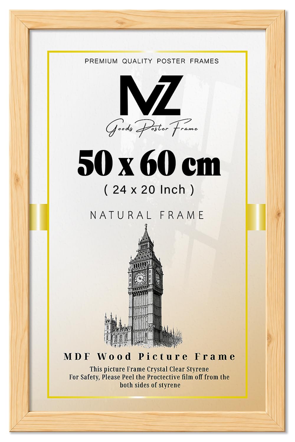 MZ GOODS | MDF Picture Frame (50 x 60 CM) 20 x 24 for Posters, Artwork & Wall Décor, Elegant MDF Finish, Secure Hanging Hooks Included [ Pine ]