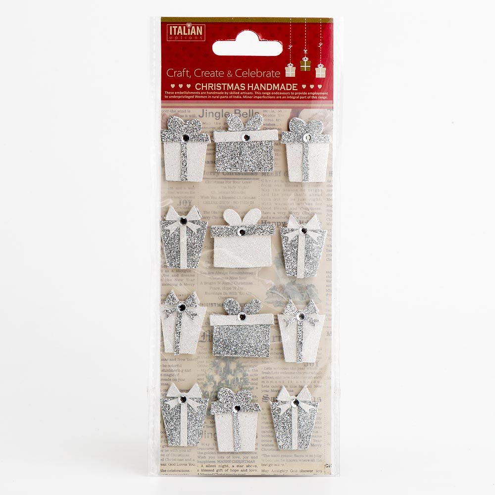 Italian Options Silver White Glitter Presents Christmas Craft Decorations (Pack of 12)