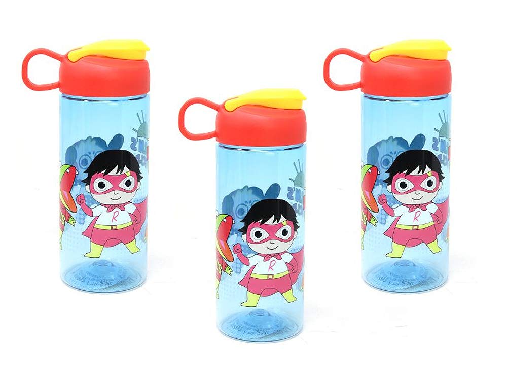 [3-Pack] Ryan's World 16.5oz Kids Sullivan Sports Water Bottle, BPA-free, Blue/Red/Yellow